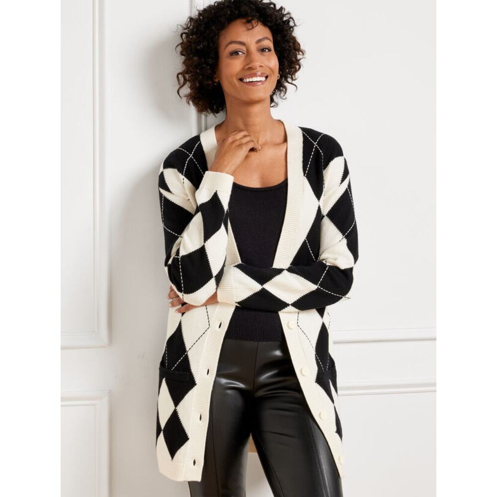 TALBOT V-Neck Argyle Button Cardigan Black White Cotton Nylon sz MP Resortwear